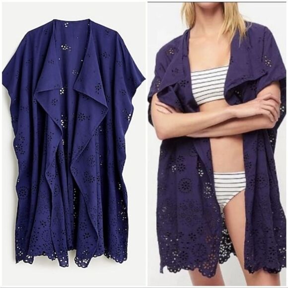 J.CREW Women’s Navy Blue Cotton Eyelet Poncho Cover Up S/M 100% Cotton Beach - Picture 1 of 5